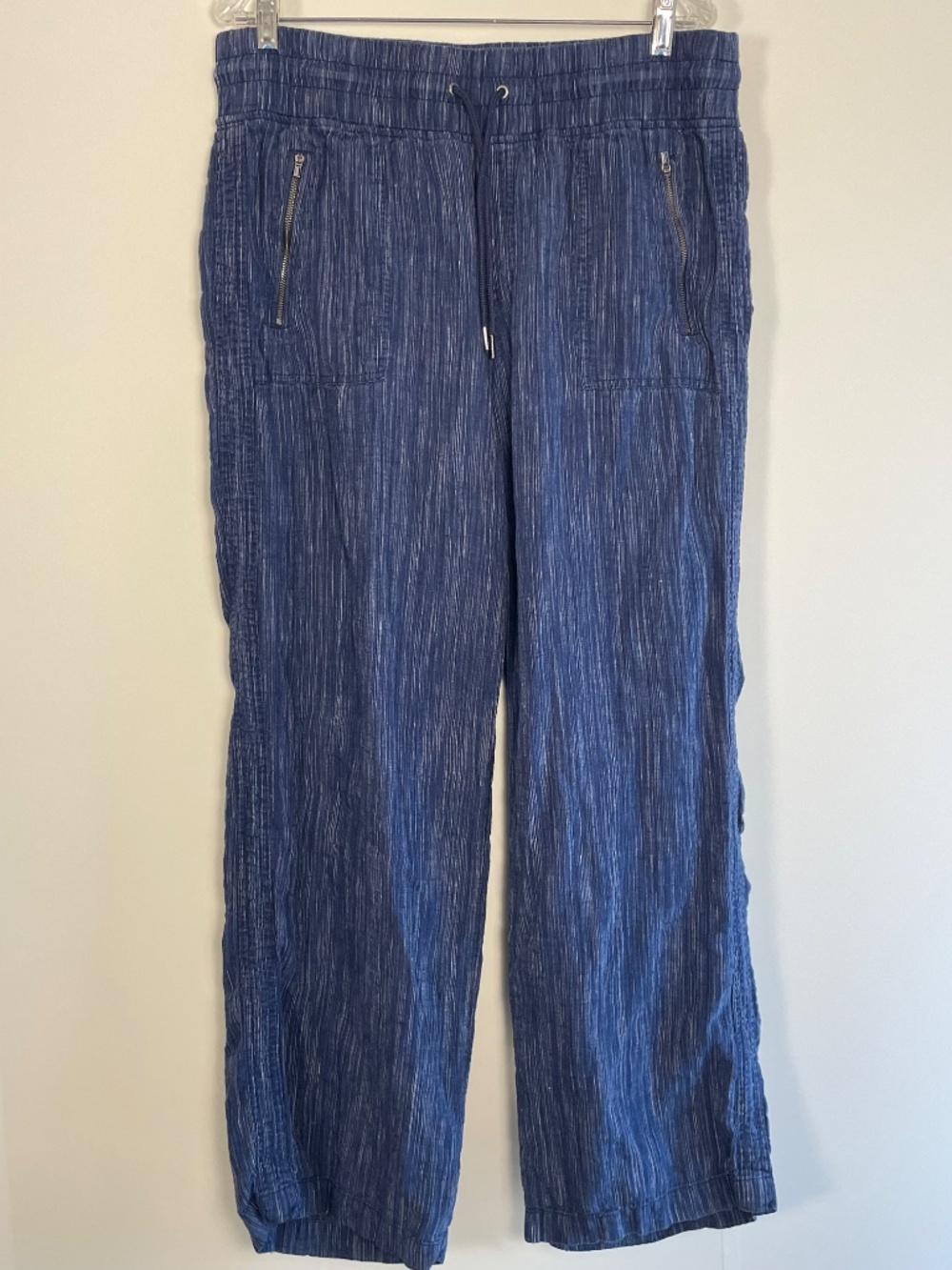 Athleta Cabo Linen Textured Wide Leg Pants Blue Stripe Loungewear Comfy Size 16